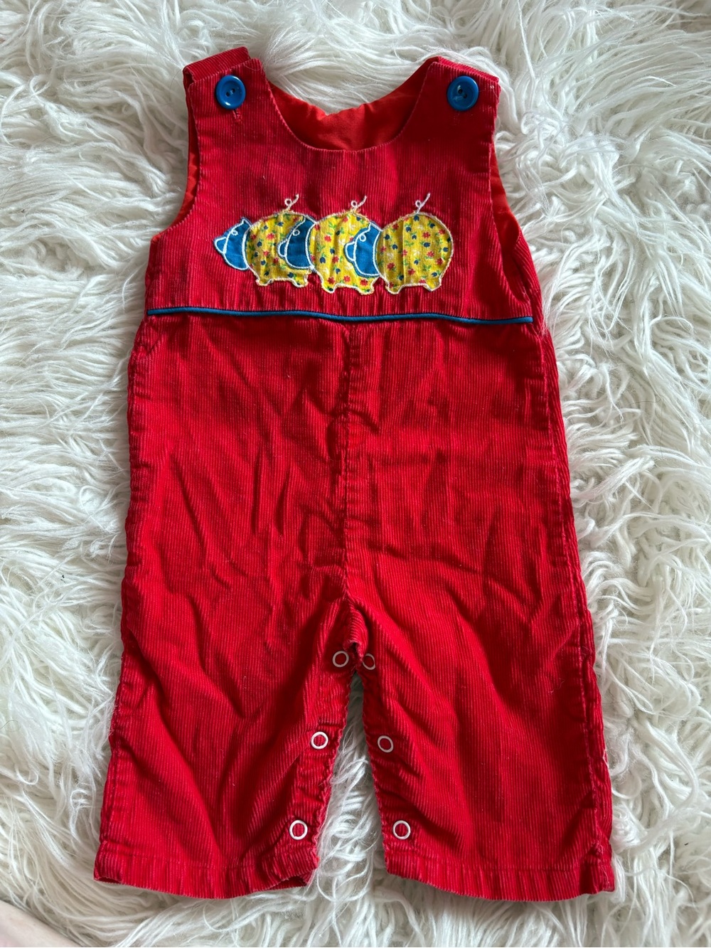 VTG 70s JCPenney Toddletime Red Corduroy Overalls Caterpillar Applique 1/2